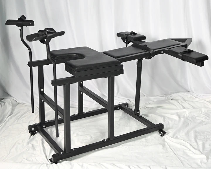 Leveled-Up Gynecology Chair Full-Control Positioning System recline view, heavy-duty adjustable BDSM chair featuring padded support, reinforced frame, and multi-angle reclining positioning for secure stability and control.
