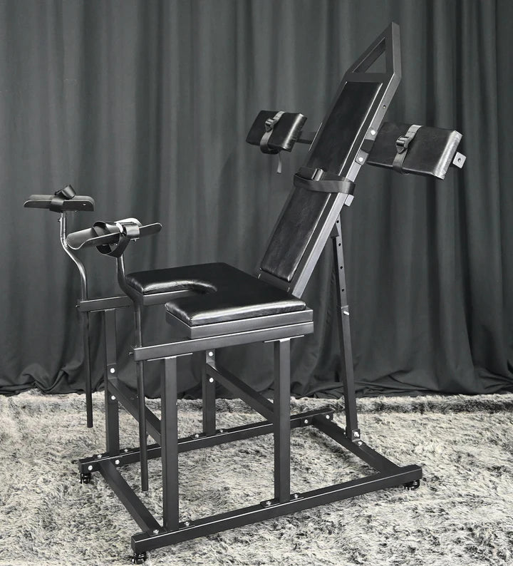 Leveled-Up Gynecology Chair Full-Control Positioning System side view, heavy-duty adjustable BDSM furniture with padded support, reinforced frame, and multi-angle positioning for secure stability and control.
