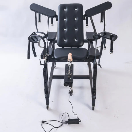 Lux adjustable bondage bench front view with integrated sex machine mounted on frame - BDSM Authority