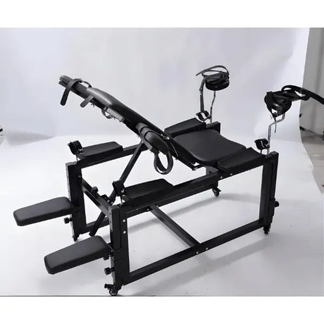 Lux adjustable bondage bench front view with integrated paddle holder and restraint cuffs - BDSM Authority