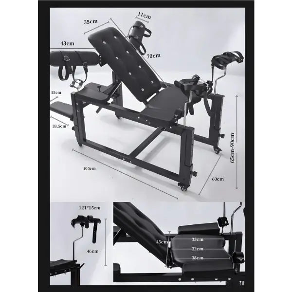 Lux adjustable bondage bench system with specifications and dimensions highlighting reinforced frame, adjustable structure, and ergonomic support design
