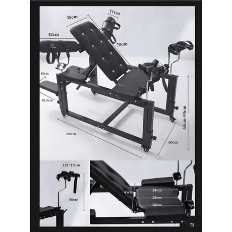 Lux adjustable bondage bench specifications and dimension diagram with footprint and height range - BDSM Authority