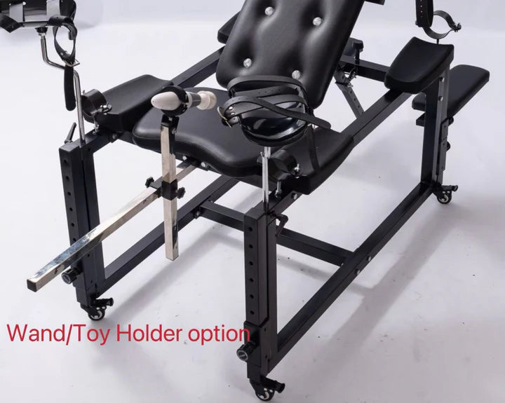 Lux adjustable bondage bench system with integrated wand and toy holder, reinforced frame, and adjustable positioning design
