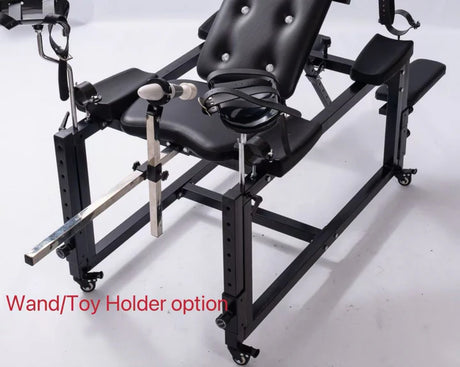Lux adjustable bondage bench with integrated wand and toy holder on padded platform - BDSM Authority