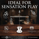 Master Series Tower of Pain Adjustable Clover-Style Nipple Clamps with Stainless Steel Tower and Acrylic Chest Pad