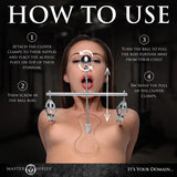 Master Series Tower of Pain Adjustable Clover-Style Nipple Clamps with Stainless Steel Tower and Acrylic Chest Pad