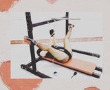 Multi-Position Bondage Stand System leg spread view, heavy-duty adjustable BDSM furniture featuring reinforced frame, padded supports, and secure leg positioning system for stable support and control.
