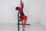 Multi-Position Bondage Stand System with blue restraints, heavy-duty adjustable BDSM furniture featuring reinforced frame, padded supports, and multi-point restraint system for secure positioning and stability.
