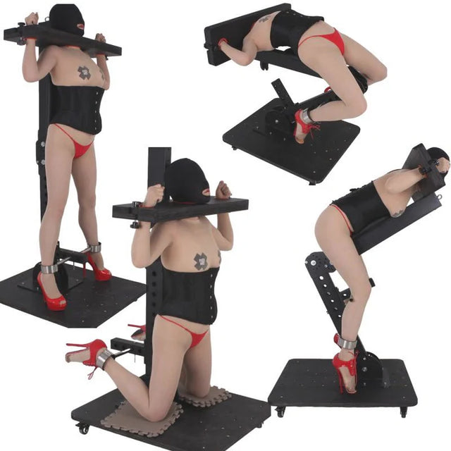 Multi-Position Mobile Stockade Pillory Commercial Restraint & Display System and features – mobile BDSM stockade with adjustable restraint positions, reinforced frame, locking wheel base, and durable commercial-grade construction.