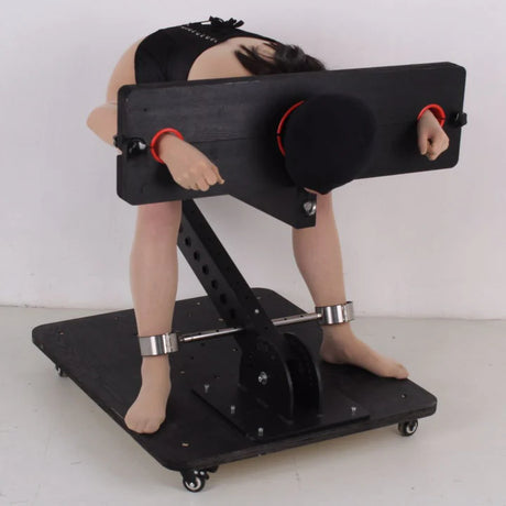 Mobile stockade pillory model view showing restraint openings and wheeled commercial frame - BDSM Authority