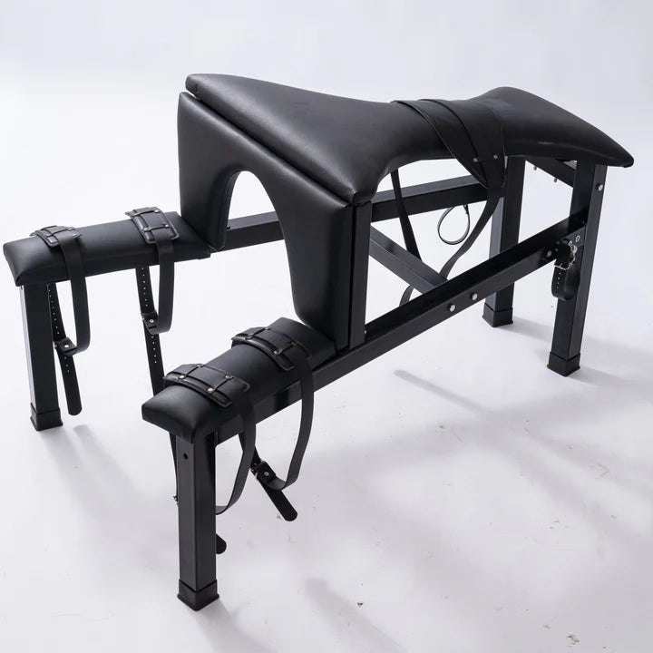 Multi-Position Punishment Goat for Controlled Positioning and Split-Leg Restraint, heavy-duty BDSM restraint furniture with reinforced frame and adjustable support points for secure positioning and stability.
