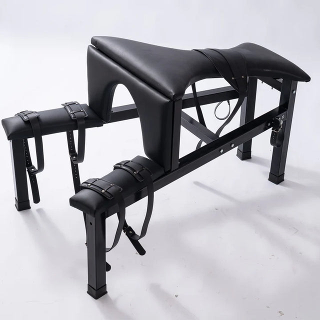 Multi-Position Punishment Goat for Controlled Positioning and Split-Leg Restraint, heavy-duty BDSM restraint furniture with reinforced frame and adjustable support points for secure positioning and stability.
