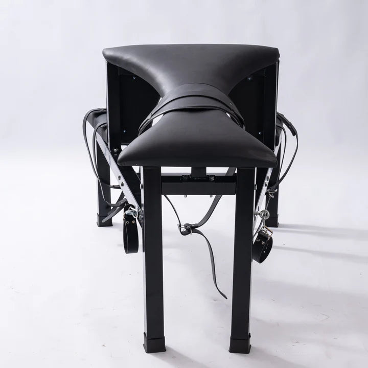 Multi-Position Punishment Goat for Controlled Positioning and Split-Leg Restraint front zoom view, close-up of heavy-duty BDSM restraint furniture featuring reinforced frame, padded supports, and adjustable split-leg positioning system for secure stability and control.
