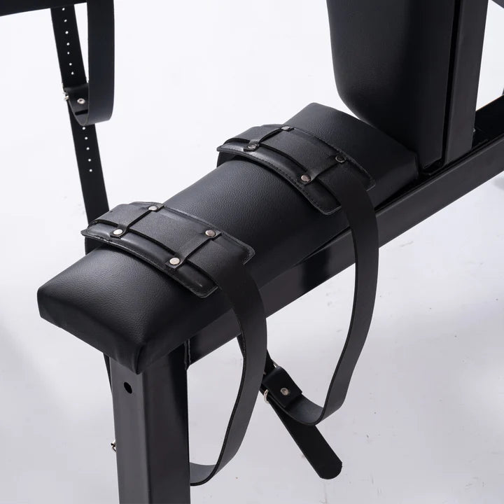 Multi-Position Punishment Goat for Controlled Positioning and Split-Leg Restraint with arm rest, heavy-duty BDSM restraint furniture featuring reinforced frame, padded arm supports, and adjustable positioning system for secure stability and control.
