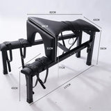 Multi-Position Punishment Goat for Controlled Positioning and Split-Leg Restraint dimension specification view, heavy-duty BDSM restraint furniture with reinforced frame, adjustable support points, and split-leg positioning system for secure stability and control.

