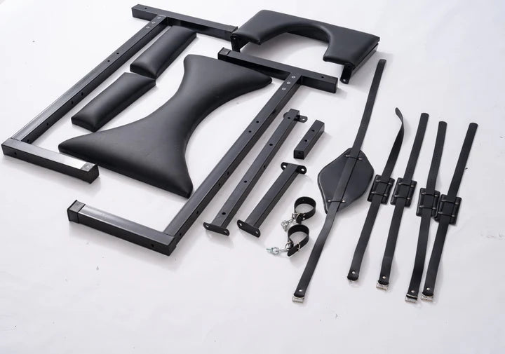 Multi-Position Punishment Goat for Controlled Positioning and Split-Leg Restraint parts, heavy-duty BDSM restraint furniture components including reinforced frame, padded supports, adjustable restraints, and split-leg positioning system for secure stability and control.
