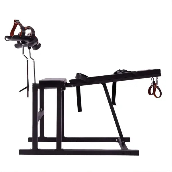 Multi-position restraint chair for full-body control and precision access side view with integrated shackles, reinforced frame, and adjustable support structure
