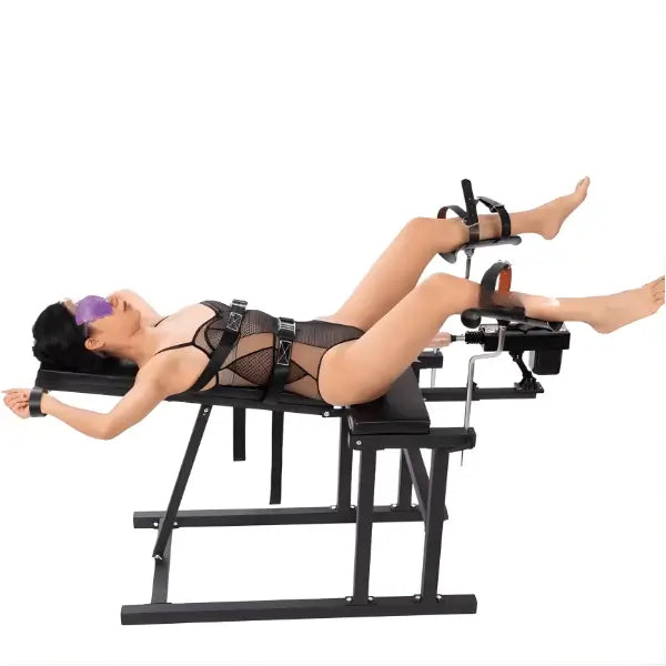 Multi-position restraint chair for full-body control and precision access side view with model demonstrating use, reinforced frame, and adjustable restraint system