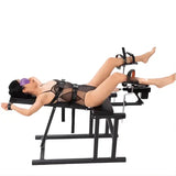 Multi-position restraint chair for full-body control and precision access side view with model demonstrating use, reinforced frame, and adjustable restraint system