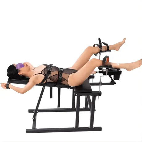Multi-position restraint chair for full-body control and precision access side view with model demonstrating use, reinforced frame, and adjustable restraint system
