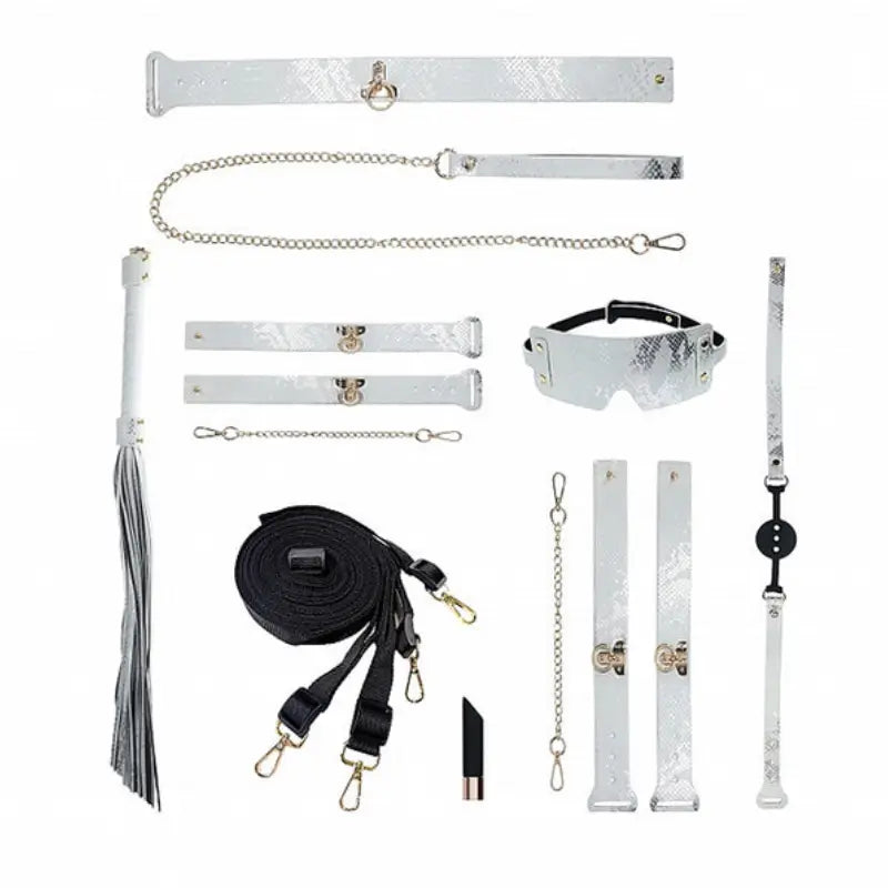 Ouch! International Florence Collection 8-Piece Bondage Kit with Iridescent Handbag, Collar, Cuffs, Flogger and Vibrating Bullet