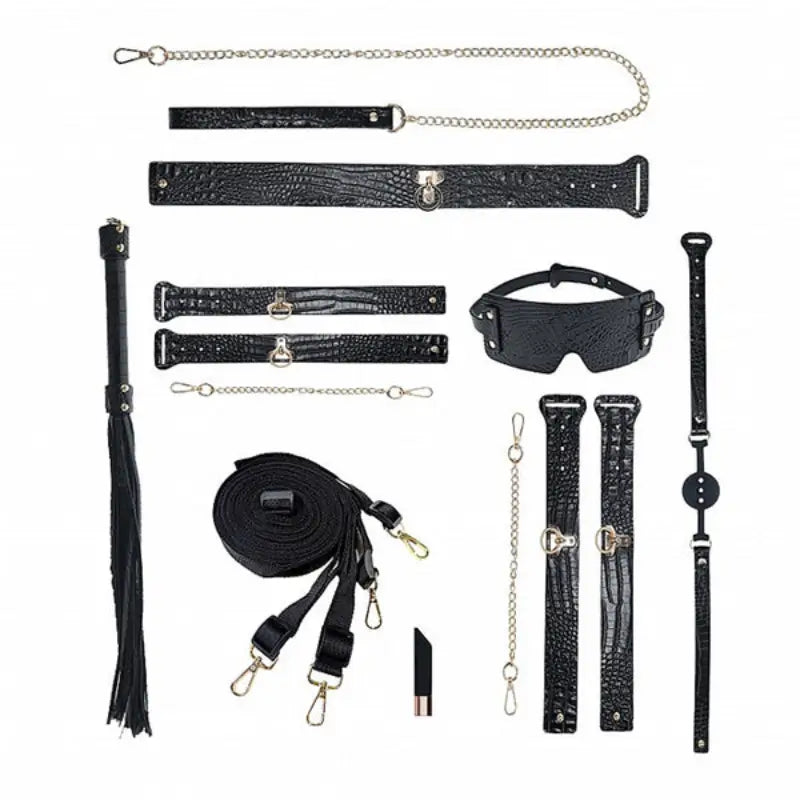 Ouch! International Rome Collection 8-Piece Bondage Kit with Iridescent Handbag, Collar, Cuffs, Flogger and Vibrating Bullet