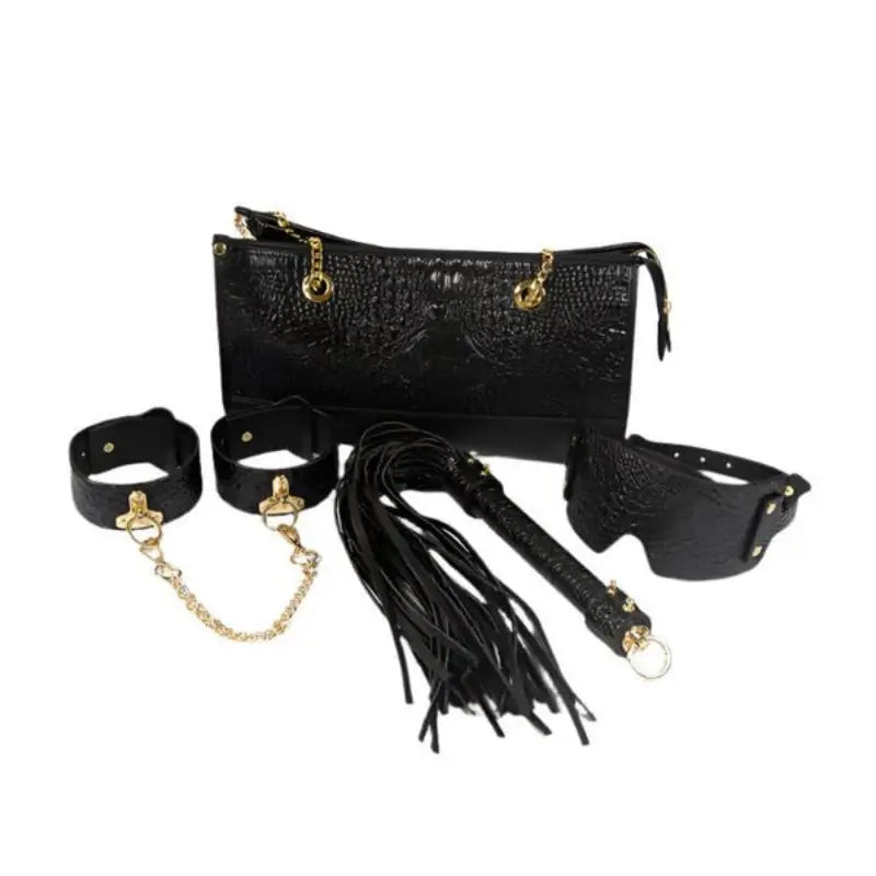 Ouch! International Rome Collection 8-Piece Bondage Kit with Iridescent Handbag, Collar, Cuffs, Flogger and Vibrating Bullet