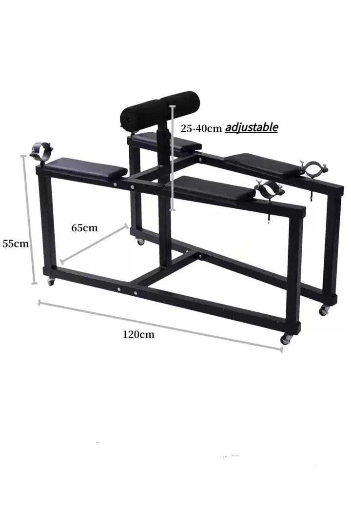 Penalty Goat Restraint Bench dimensions, heavy-duty BDSM restraint bench with reinforced frame and padded surface designed for stable positioning and secure support.
