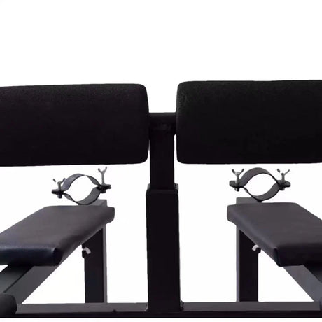 Close-up of the Penalty Goat bench head with adjustable metal cuff hardware - BDSM Authority