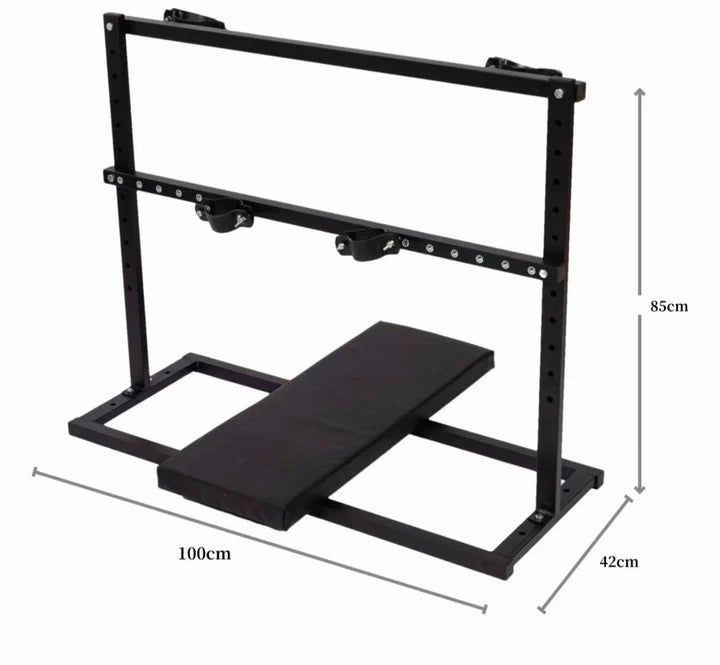 Portable Adjustable Restraint Bench side top view, heavy-duty BDSM furniture featuring reinforced portable frame, padded supports, and secure positioning system for stable support and control.