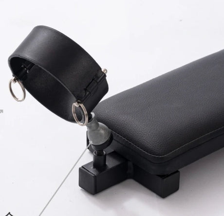 Portable Doggy Style Restraint Platform with neck shackles, compact frame design, adjustable restraint points, and stable portable BDSM support structure.
