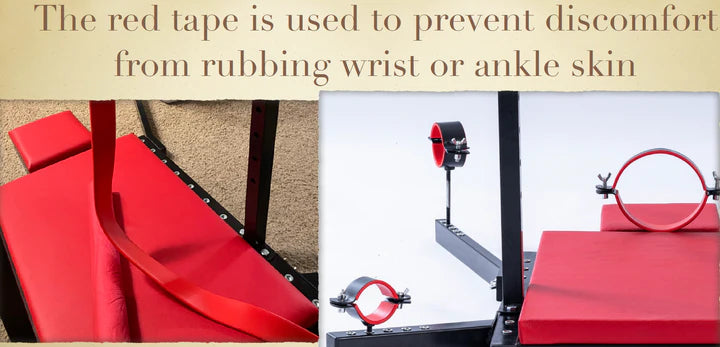 Portable commercial-grade adjustable restraint bench system with red tape detail features for BDSM furniture setup and fetish play use