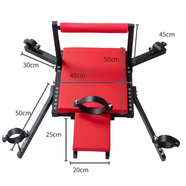 Portable commercial-grade adjustable restraint bench system with reinforced steel frame, adjustable platform design, and modular components for BDSM furniture use and secure restraint setup.
