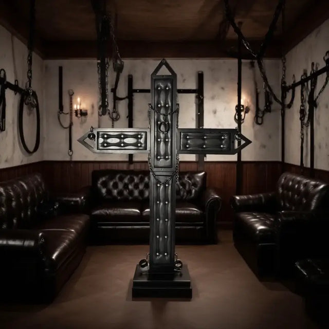 Luxury padded black BDSM cross displayed in a premium dungeon lounge with dark leather seating, wall-mounted restraints, and moody ambient lighting. High-end freestanding St. Andrew’s cross for luxury BDSM room design and professional dungeon setups.