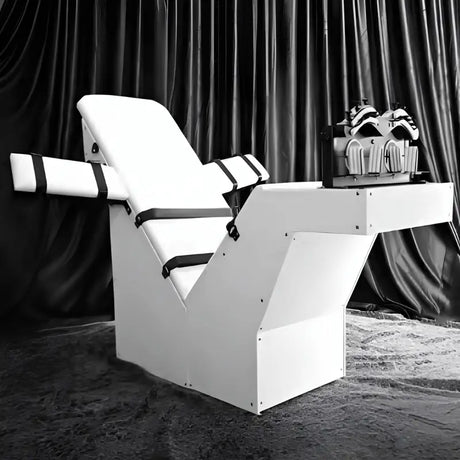 Premium Fun Chair White HQTK-010 white padded luxury chair with black straps in a dark studio setting.