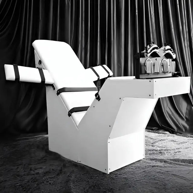 Premium Fun Chair White HQTK-010 white padded luxury chair with black straps in a dark studio setting.