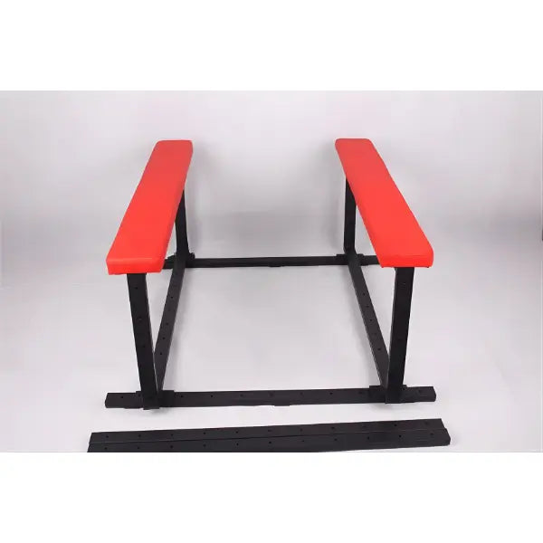 Red cushion spanking bench standard spread feature showing full adjustable positioning and stable support design
