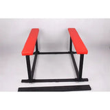 Red cushion spanking bench standard spread feature showing full adjustable positioning and stable support design
