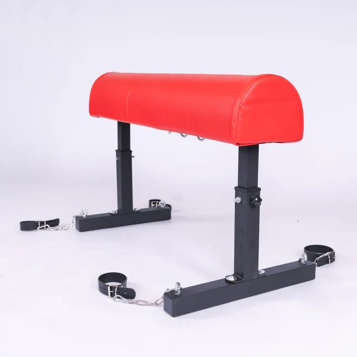 Red Trojan Horse Restraint Bench Adjustable BDSM Positioning System, heavy-duty adult bondage furniture with padded bench design and adjustable restraint points for secure positioning and support.
