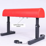 Red Trojan Horse Restraint Bench Adjustable BDSM Positioning System bottom view with eyelet bolts, heavy-duty padded BDSM bench featuring reinforced metal anchor points for secure restraint attachment and stability.
