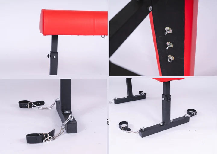 Red Trojan Horse Restraint Bench Adjustable BDSM Positioning System features heavy-duty padded bench design, adjustable restraint points, reinforced steel frame, and multiple secure attachment options for stable positioning and support.
