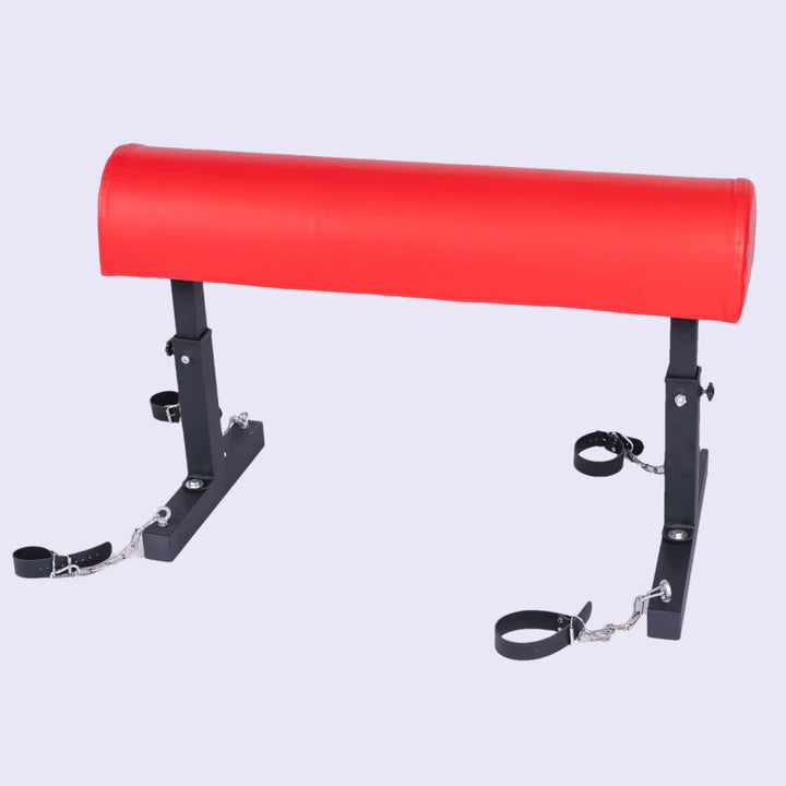 Red Trojan Horse Restraint Bench Adjustable BDSM Positioning System POV view, heavy-duty padded bondage bench with adjustable restraint points and reinforced frame shown from user perspective for positioning and support.
