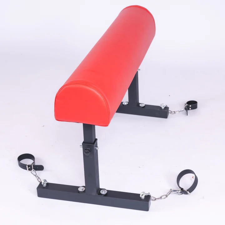 Red Trojan Horse Restraint Bench Adjustable BDSM Positioning System with three handcuffs, heavy-duty padded bondage bench featuring adjustable restraint points and secure metal cuffs for stable positioning and support.