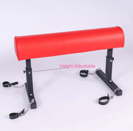 Red Trojan Horse bench shown at its adjustable height range - BDSM Authority