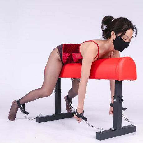 Trojan Horse bondage bench side view shown in use with a model - BDSM Authority