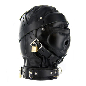 Strict Leather Sensory Deprivation Hood- ML - back of fully enclosed leather hood - BDSM Authority