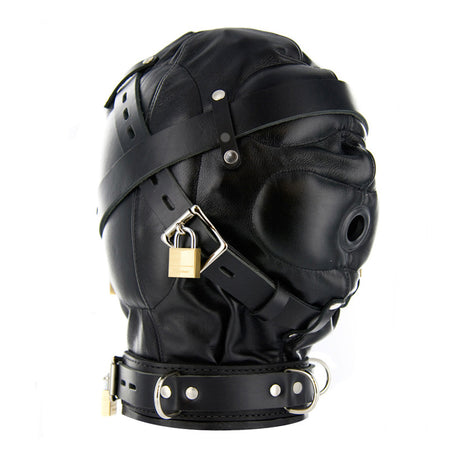 Strict Leather Sensory Deprivation Hood- SM - back of fully enclosed leather hood - BDSM Authority