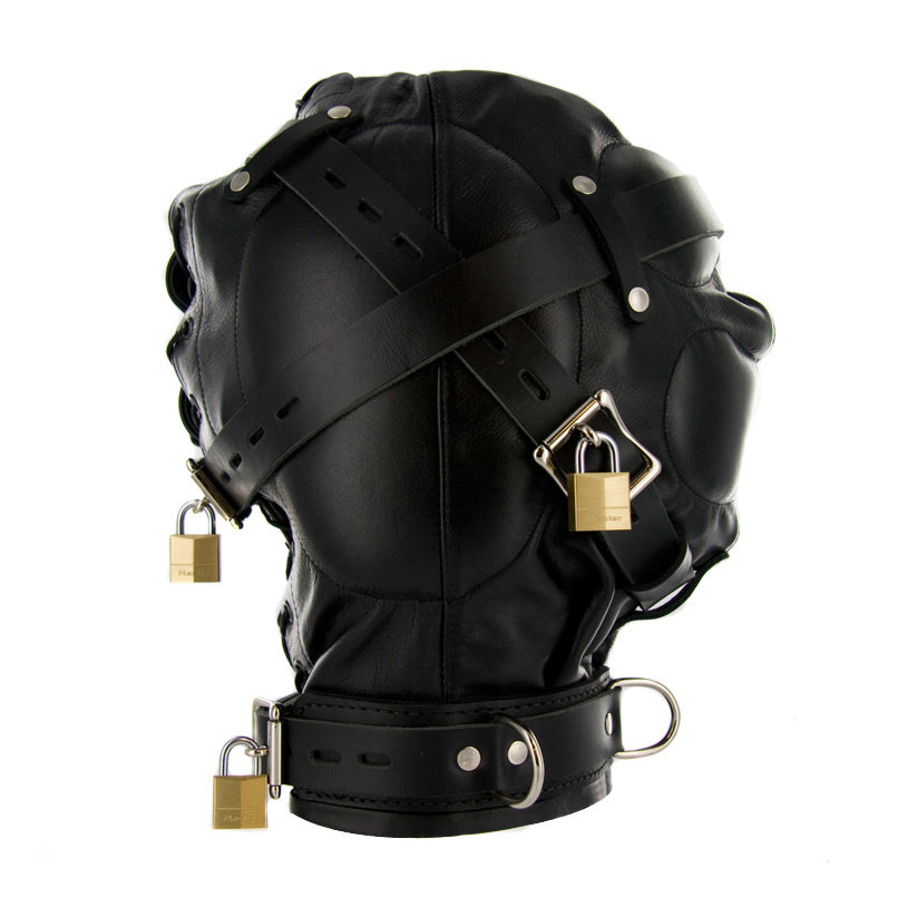 Strict Leather Sensory Deprivation Hood- SM - side profile of hood with lacing - BDSM Authority