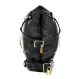 Strict Leather Sensory Deprivation Hood- SM - close-up of leather stitching and buckles - BDSM Authority