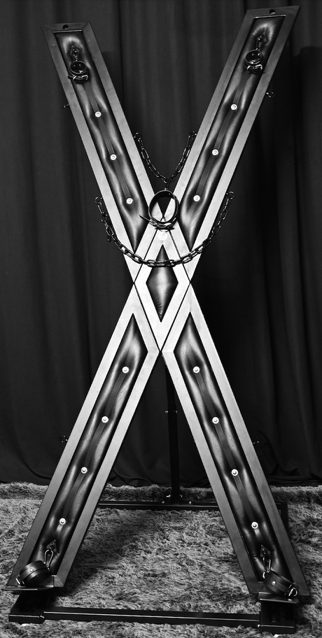 Elegant Noir St. Andrew's cross freestanding cruciform restraint frame, full view - BDSM Authority